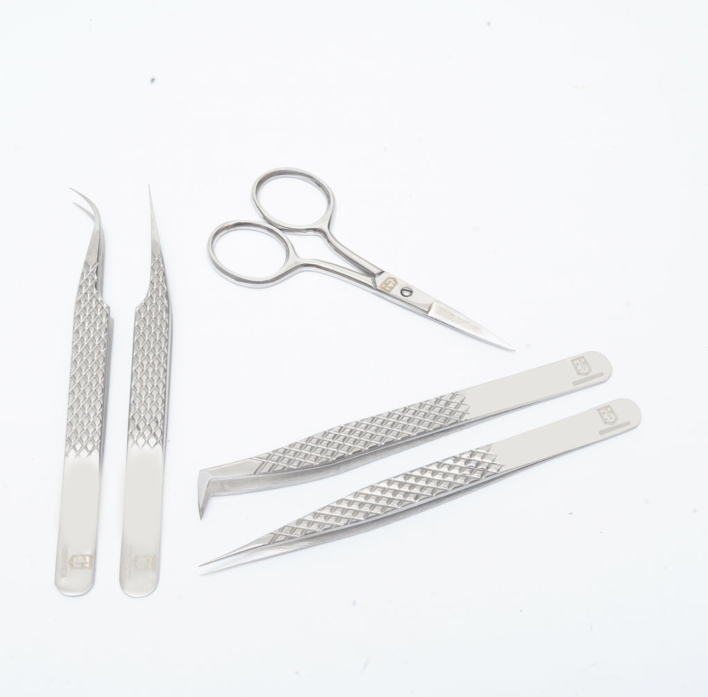 Silver Eye Lashes Extension Tweezer Kit 5 in 1.