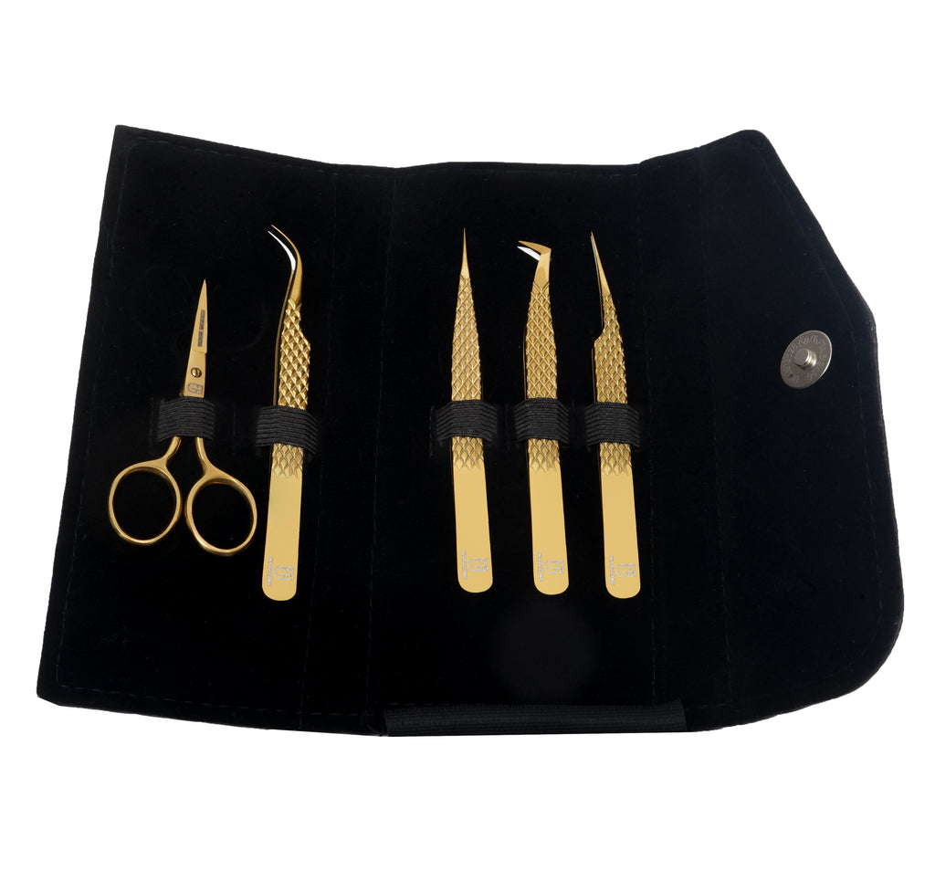 Golden Eye Lashes Extension Tweezer Kit 5 in 1.