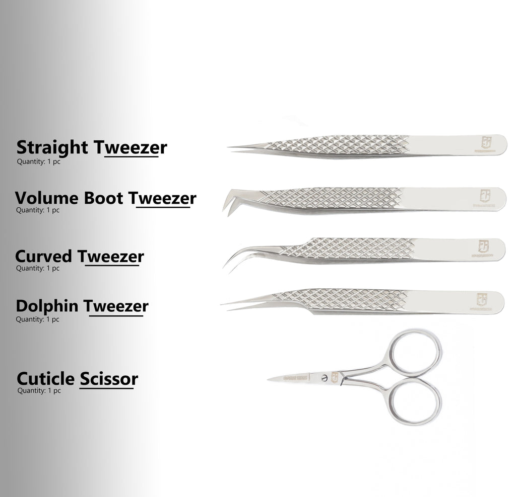 Silver Eye Lashes Extension Tweezer Kit 5 in 1.