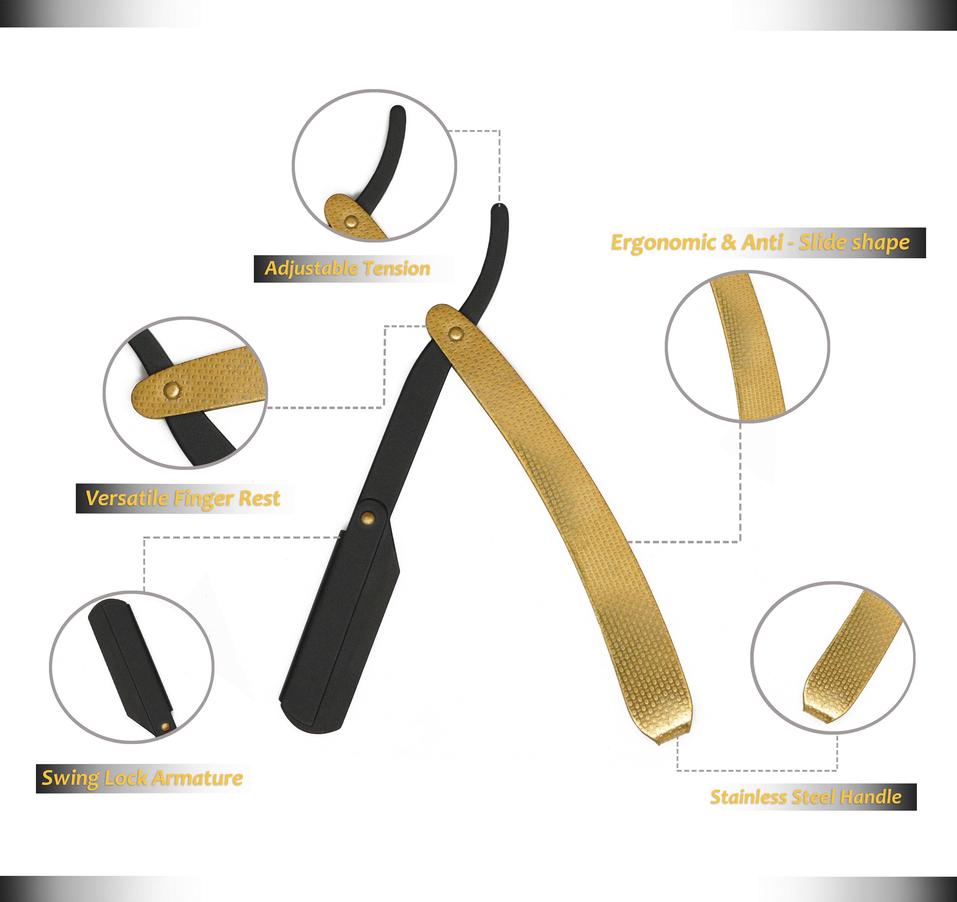 Gold and black straight razor with feature highlights on a white background