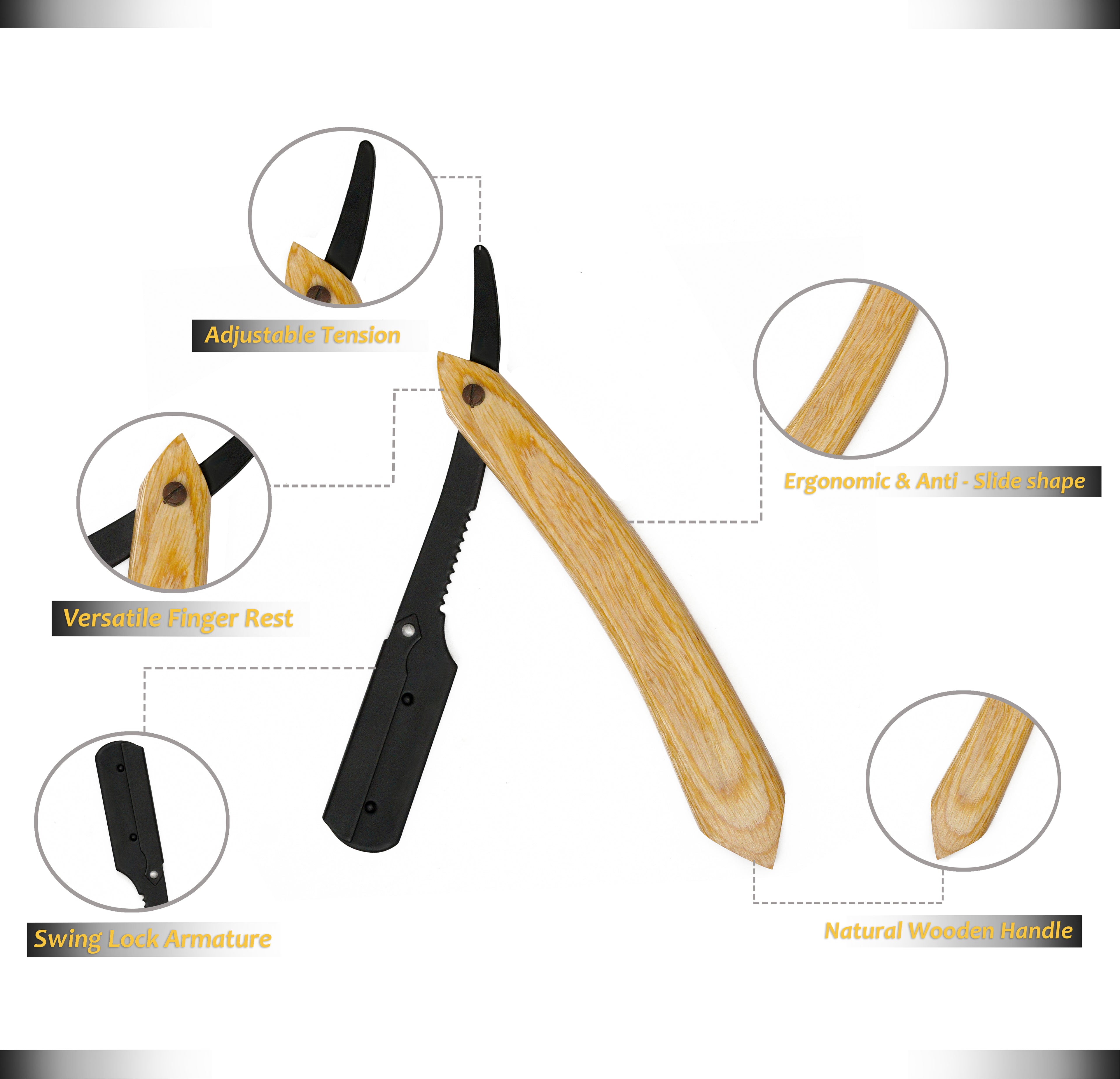 Wooden Folding Razor with wooden handle and black blade, featuring adjustable tension, ergonomic design, and natural wood handle.