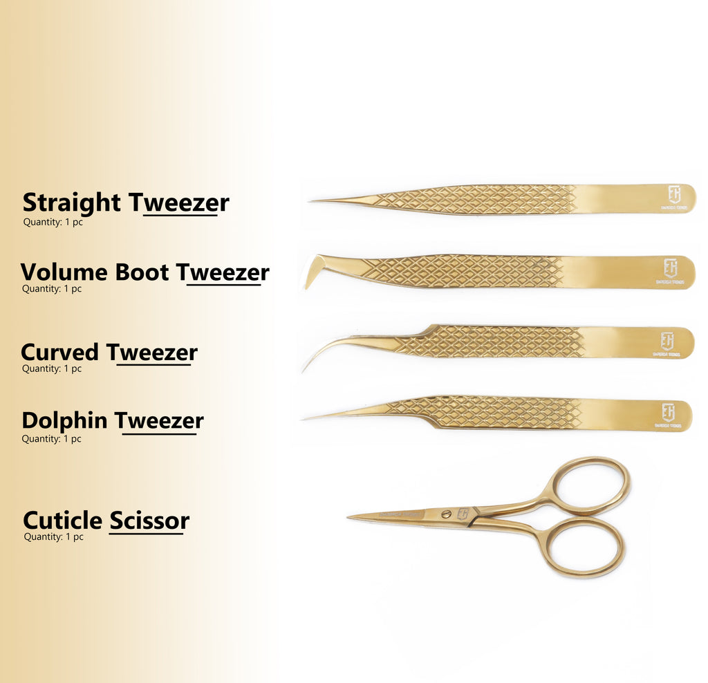 Golden Eye Lashes Extension Tweezer Kit 5 in 1.